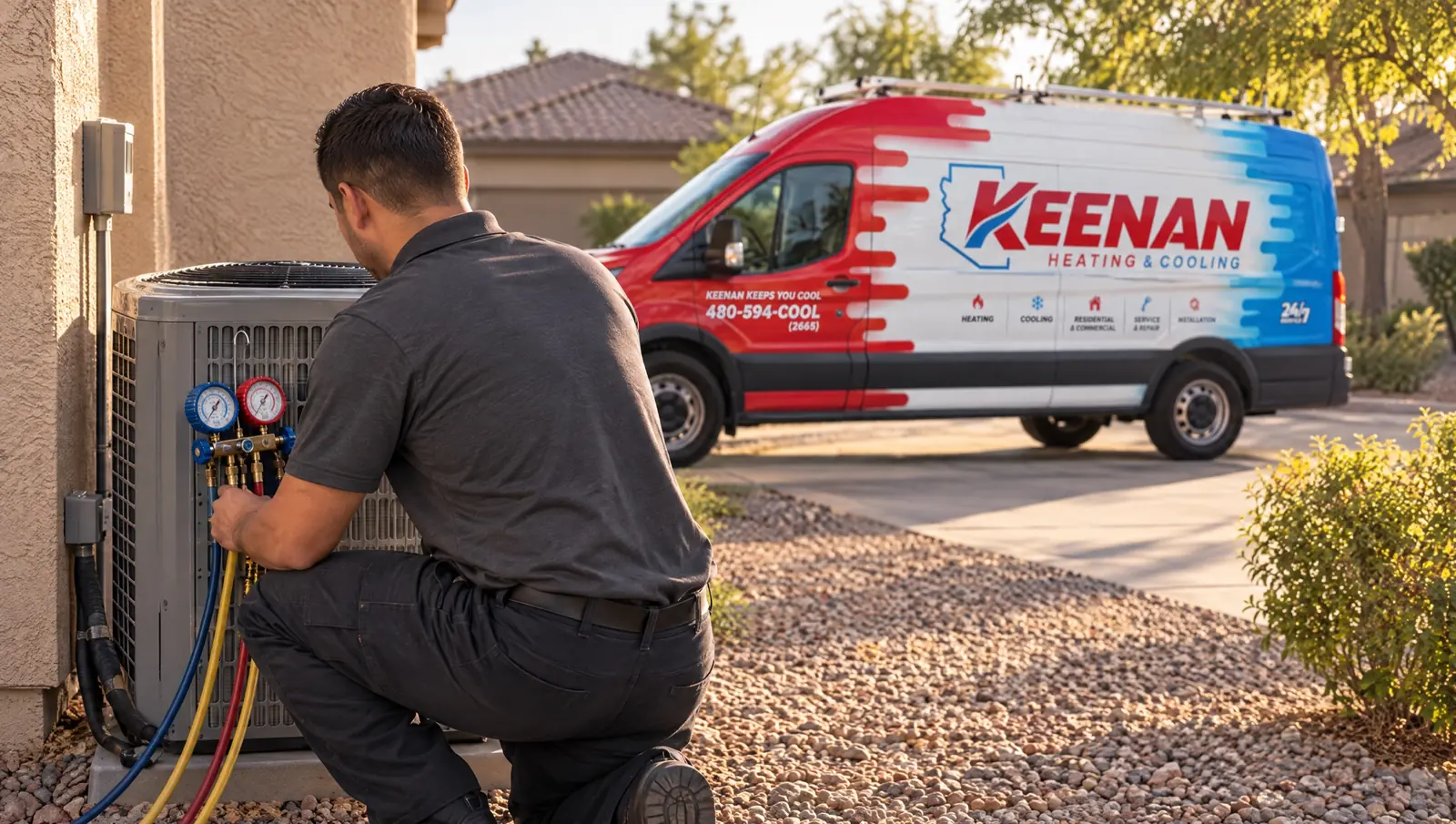 A technician connecting refrigerant gauges to an outdoor HVAC unit, with a Keenan Heating & Cooling van parked nearby