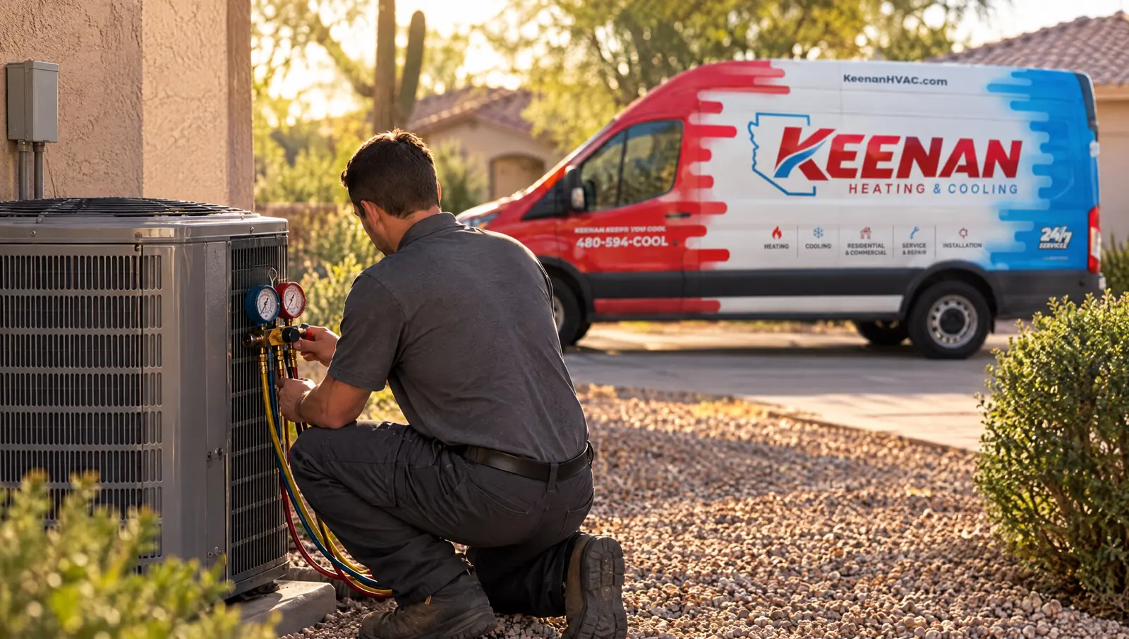 A technician connecting refrigerant gauges to an outdoor air conditioning unit, with a Keenan Heating & Cooling van parked nearby