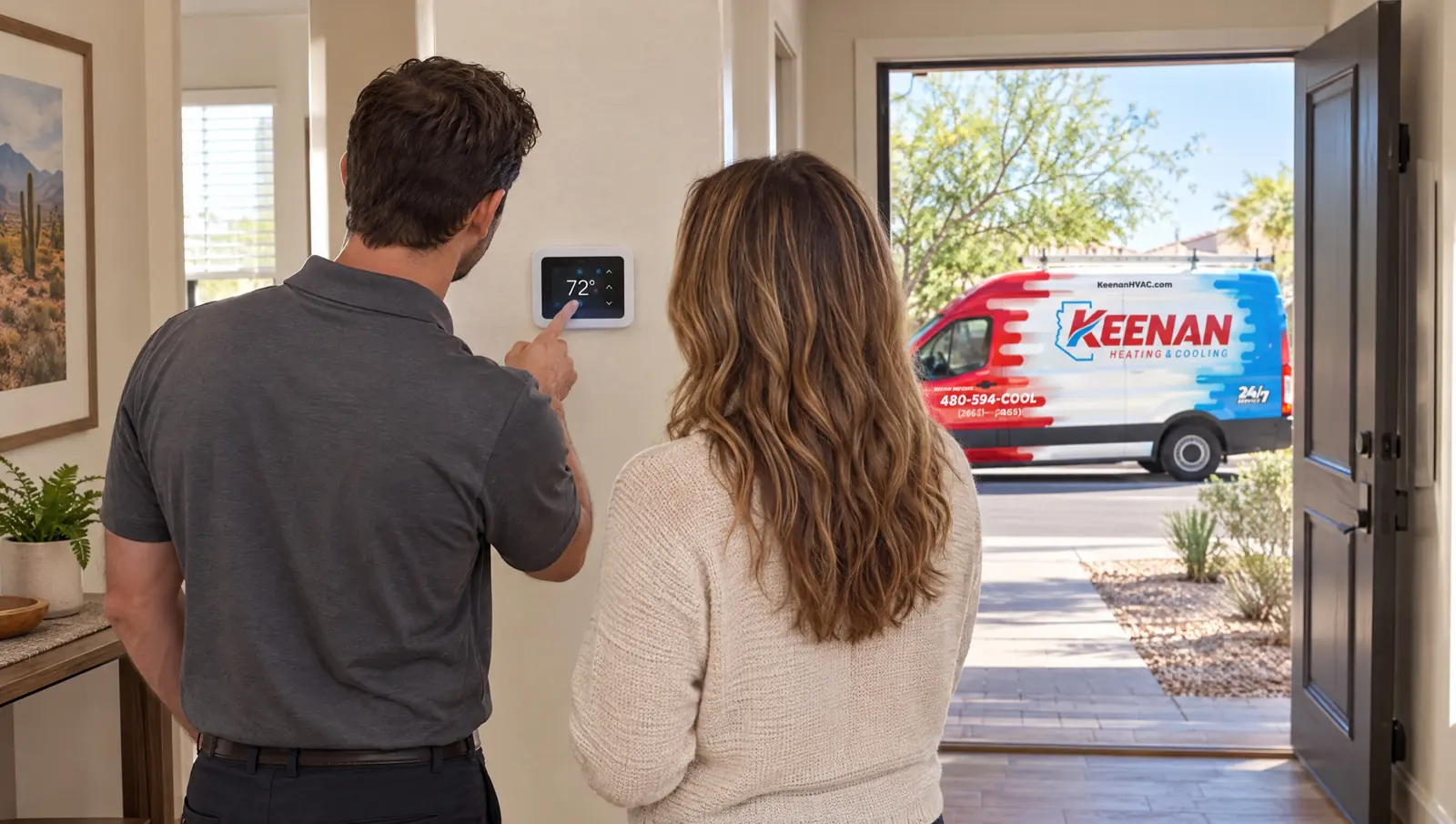 A technician pointing to a wall thermostat beside a homeowner, a Keenan Heating & Cooling van visible through the open front door