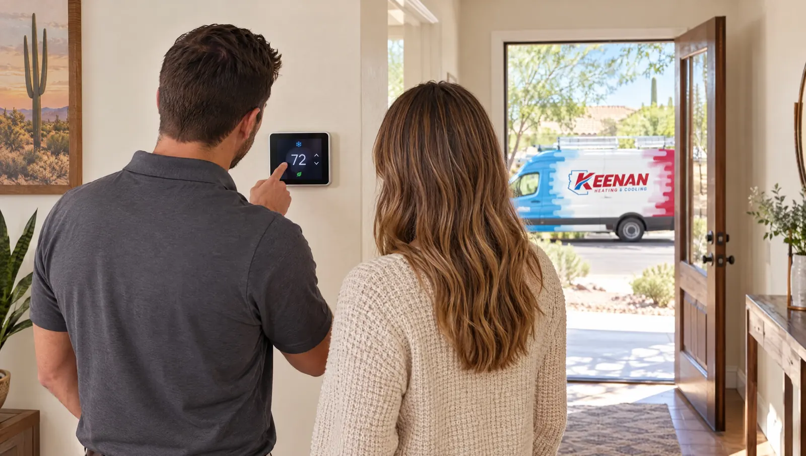 A technician and a homeowner at a wall thermostat, a Keenan Heating & Cooling van visible through the open front door
