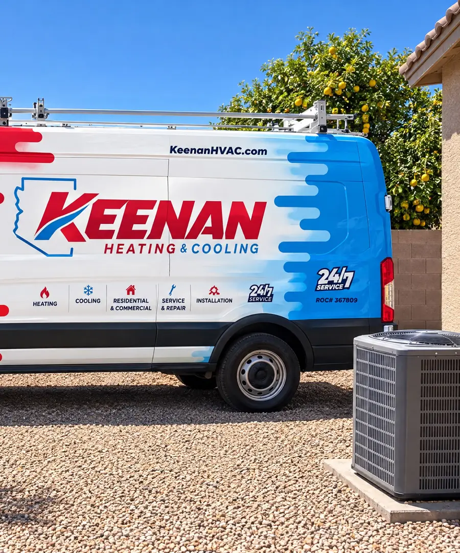 Keenan Heating & Cooling service van parked beside an outdoor air conditioning unit