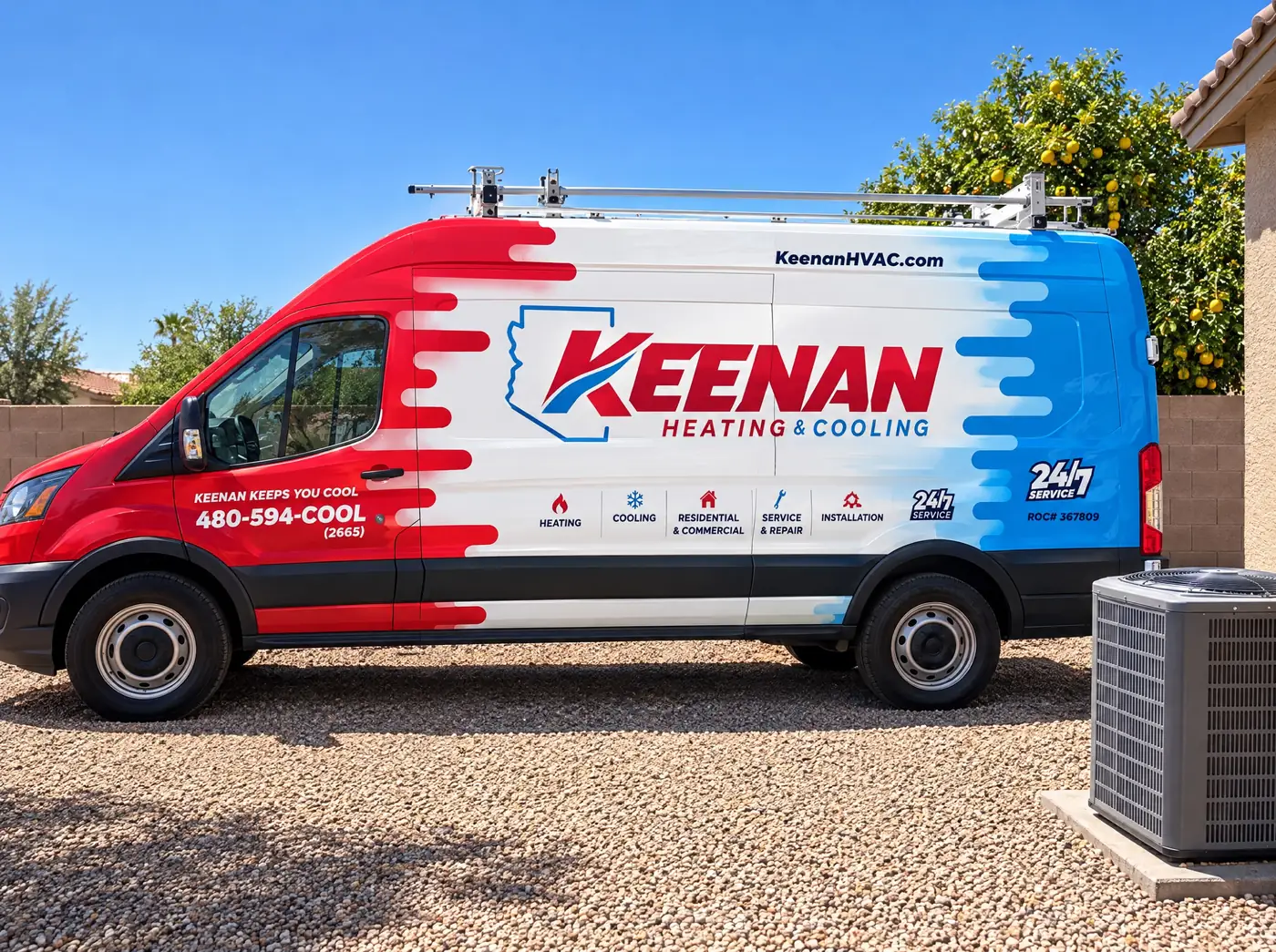 Keenan Heating & Cooling service van parked beside an outdoor air conditioning unit