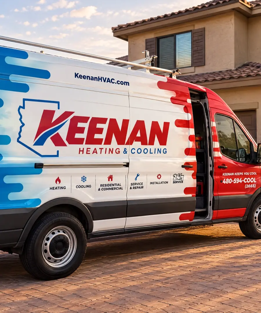 Keenan Heating & Cooling service van in the driveway of a two-story desert-landscaped home