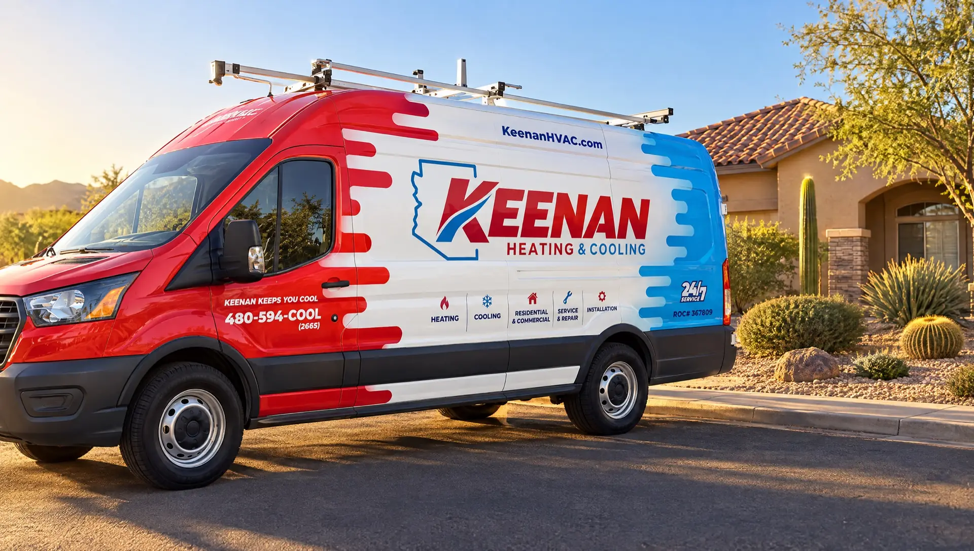 Keenan Heating & Cooling service van parked at the curb outside a desert-landscaped home