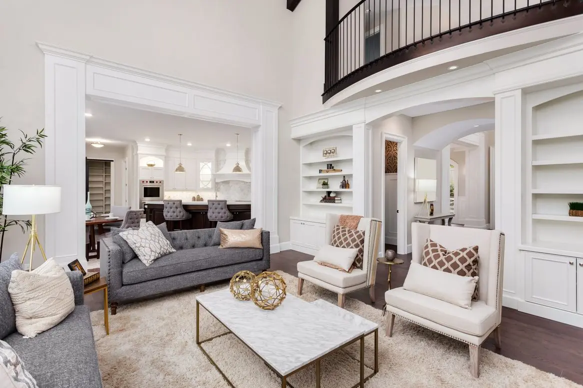 Beautiful living room interior with hardwood floors and fireplace in new luxury home in Braddock Heights, MD.