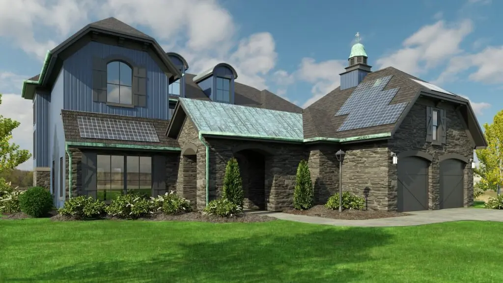 house with recycled patina copper trim and solar panels.