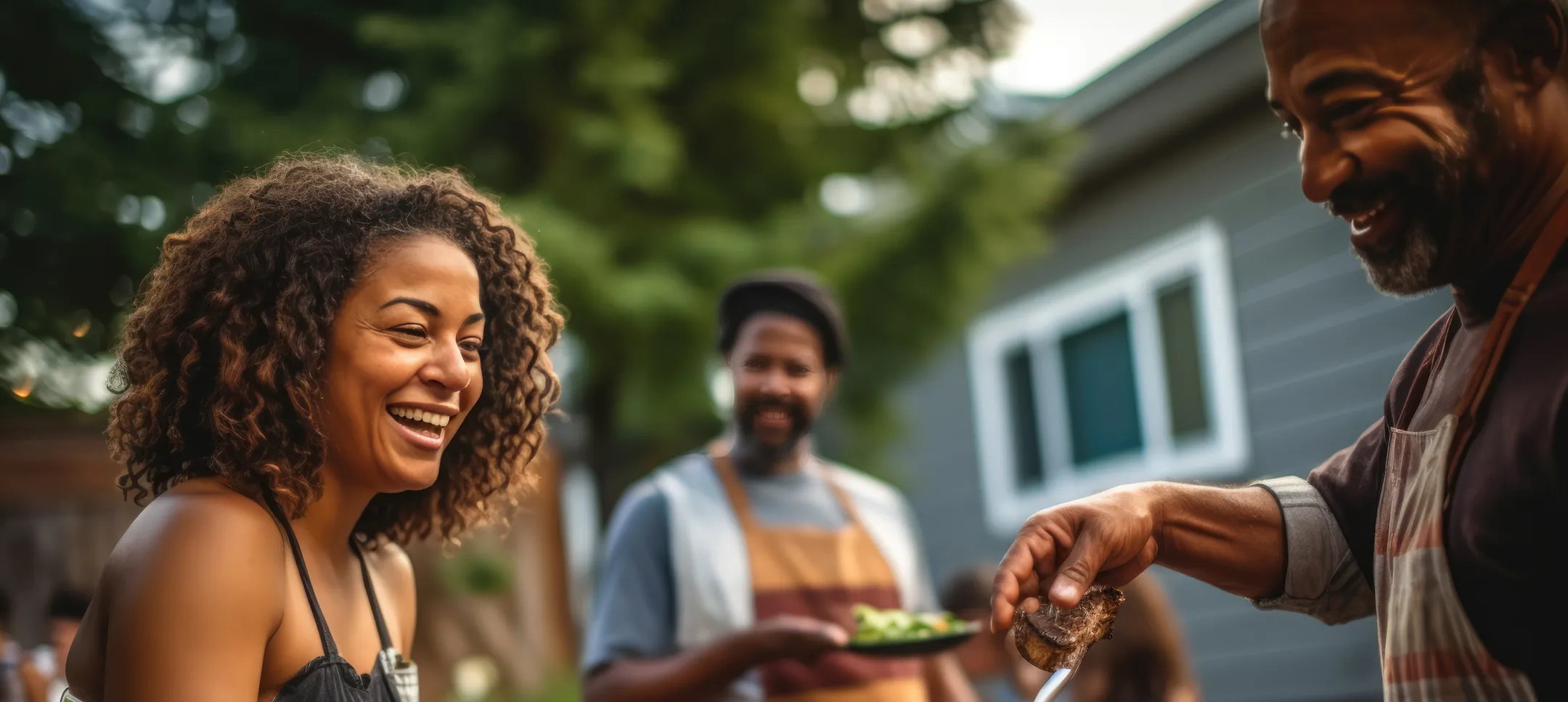 african american family outside of home having a barbecue with roof in background
