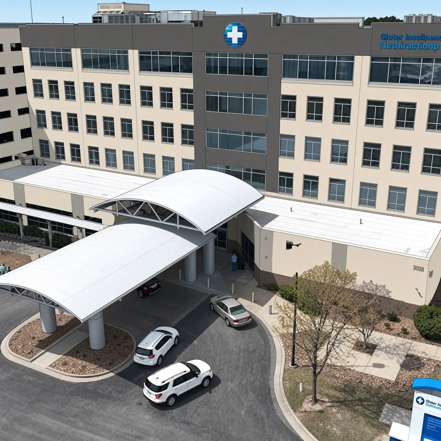 Architectural render of a hospital entrance used for exterior color planning.