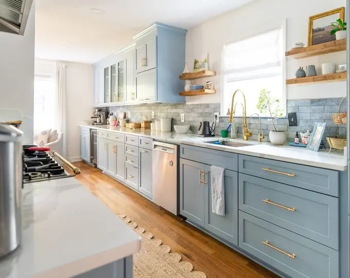 Kitchen cabinets painted with Benjamin MooreDockside Blue SW7601 BM in Renner paint