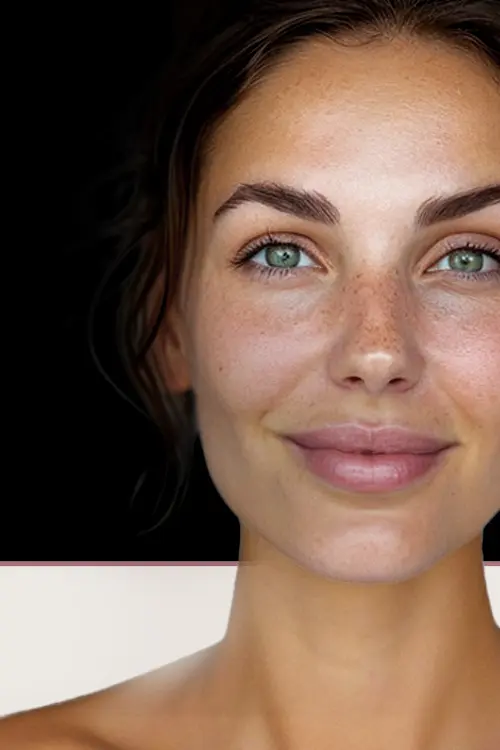 Smiling woman with natural, freckled skin against a dark background