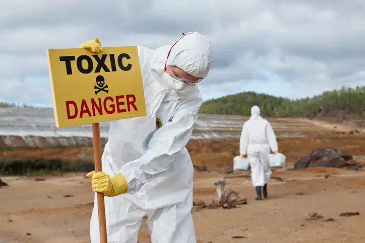 Biohazard cleanup crew in full protective equipment