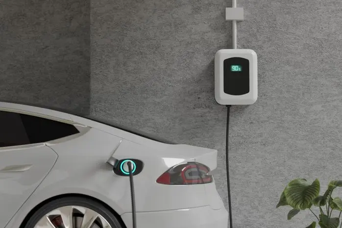 Electric Car Charging with EV charger at home, ev charger working and show status on the screen, 3d rendering