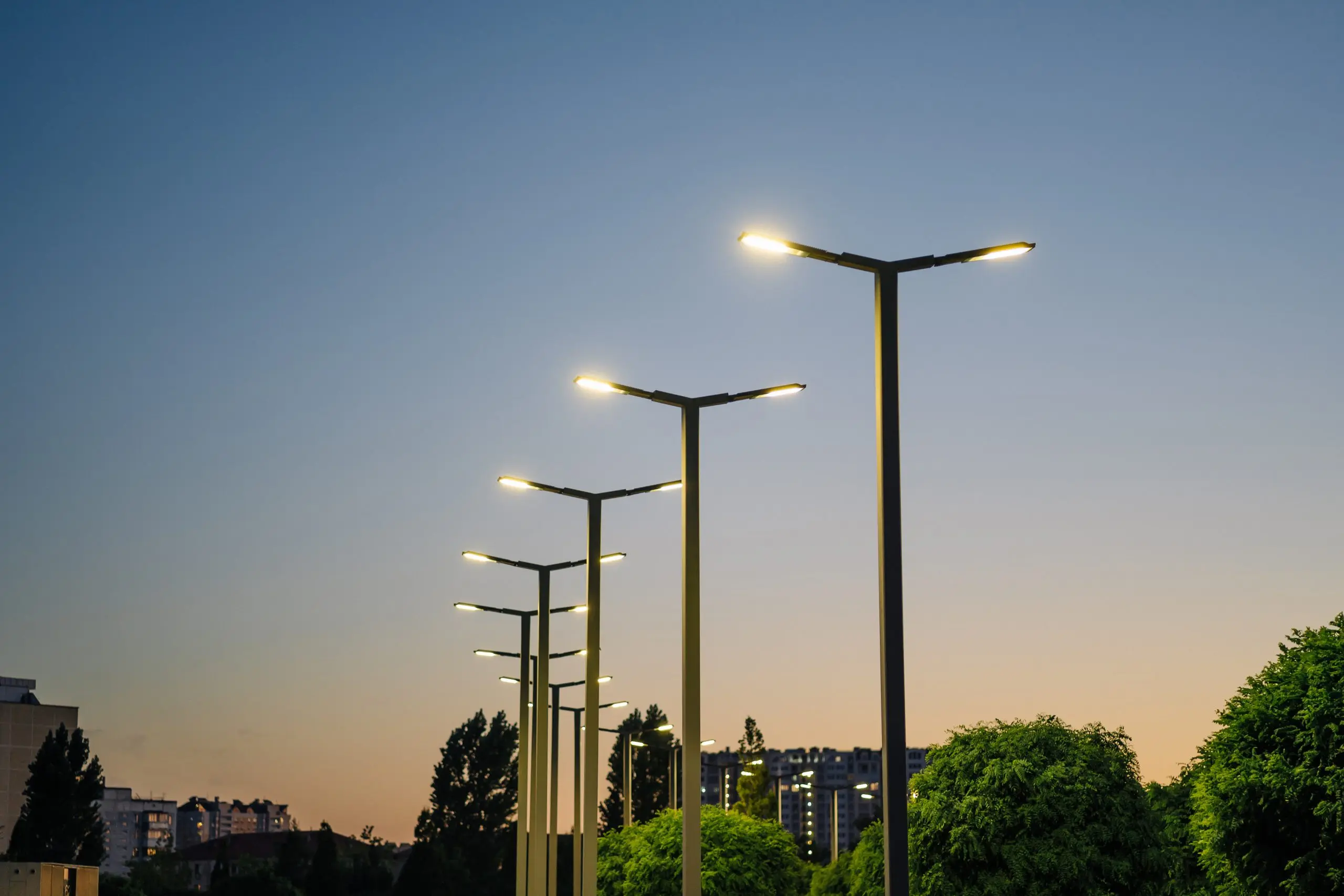A modern street LED lighting pole. Urban electro-energy technolo