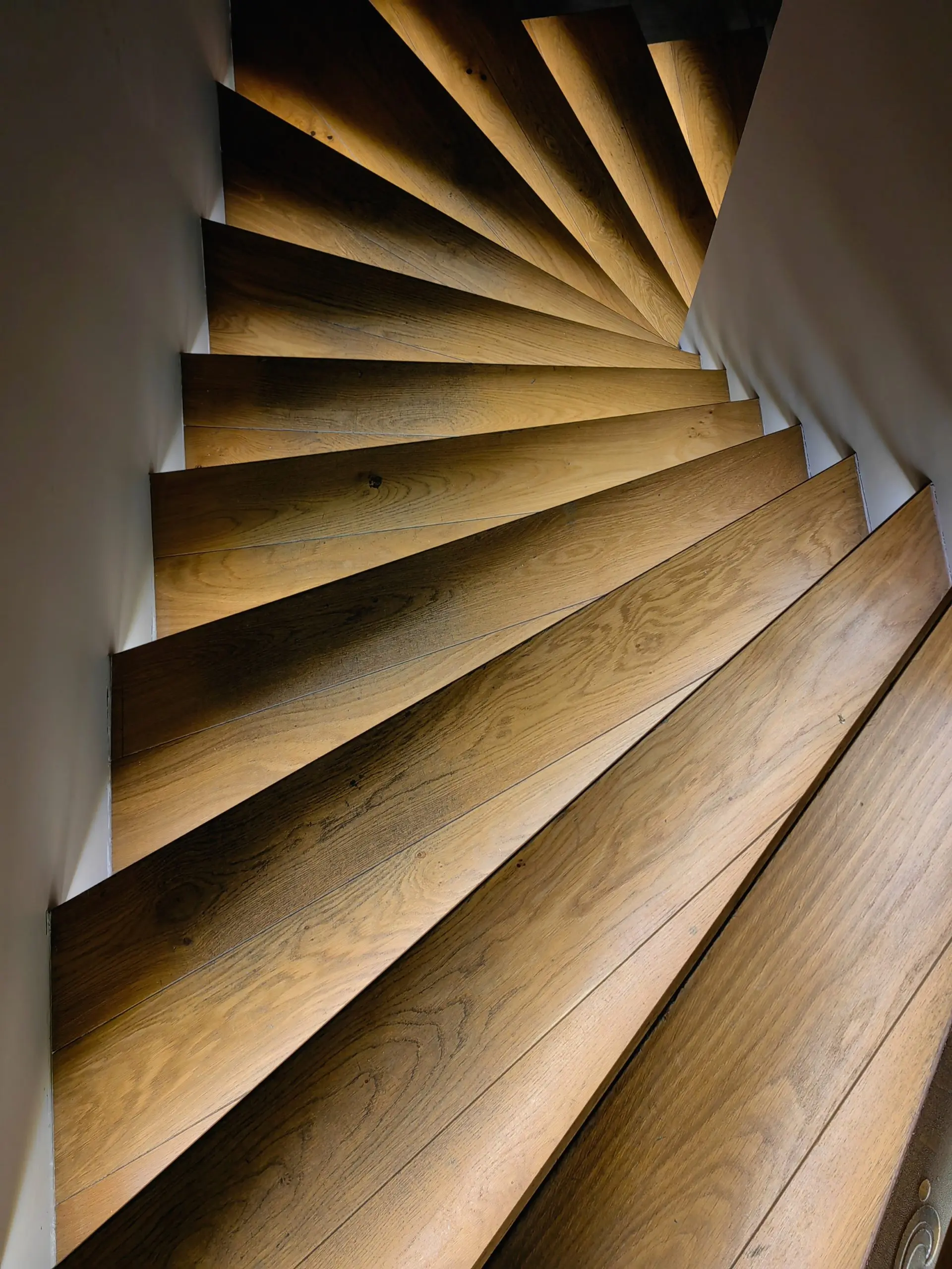 Curved, wooden light brown staircase with led lights. Infinity, concept. Modern design. Shape. White wall, background. Up or down, depends of you. Minimalism.