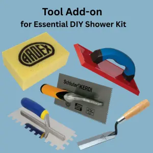 Essential DIY Tools Pack for shower kit installation, includes trowel, spacers, grout float, and mixing paddle for professional shower remodeling results.