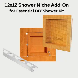 12x12 shower niche add-on for Essential DIY Shower Kit, includes waterproof niche insert and waterproofing for built-in bathroom storage.