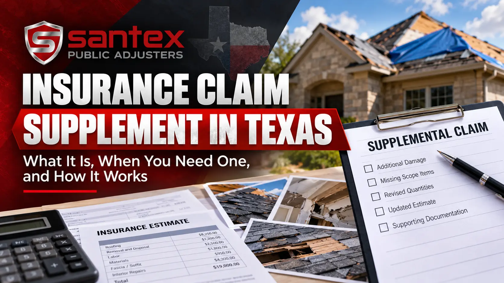 Insurance claim supplement in Texas with damaged home, supplemental claim paperwork, and property repair estimate.