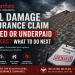 Hail-damaged roof under storm clouds with a denied insurance claim document and Santex Public Adjusters branding for Texas hail damage claim help.