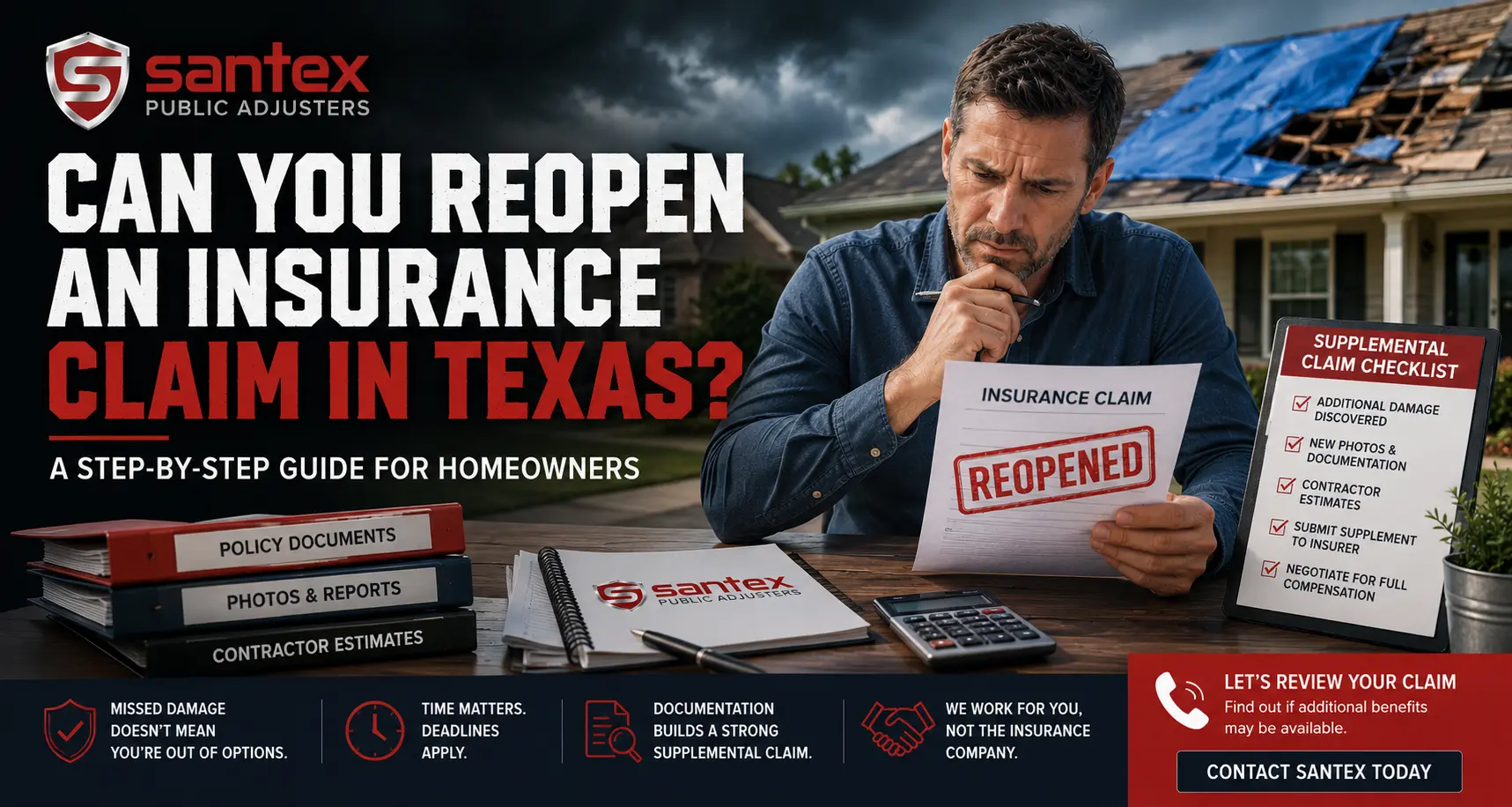 Man examining insurance claim documents, damaged roof and storm clouds illustrating reopening insurance claims in