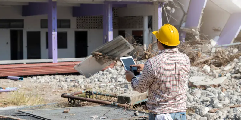 El trabajador de la construcción evalúa los daños con la tableta frente a un edificio parcialmente demolido, destacando los servicios de evaluación de daños para las reclamaciones de seguros de los Ajustadores Públicos de Santex.