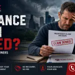Insurance claim denied featured image showing a stressed Houston homeowner reviewing a denied insurance claim letter in front of a storm-damaged house with Santex Public Adjusters branding.