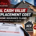 Actual cash value vs replacement cost in Texas home insurance claims, featuring a storm-damaged roof, insurance estimate, depreciation, and ACV vs RCV comparison.