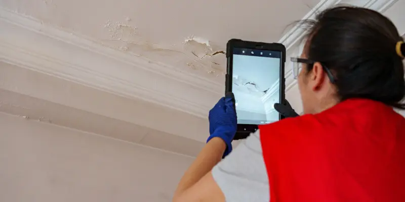 Woman in red vest using a tablet to document ceiling damage, highlighting the importance of accurate damage assessment for insurance claims.