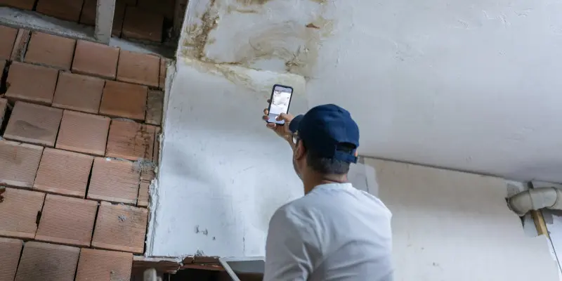 Person inspecting water damage on a wall using a smartphone, highlighting the importance of damage assessment for insurance claims in property restoration.