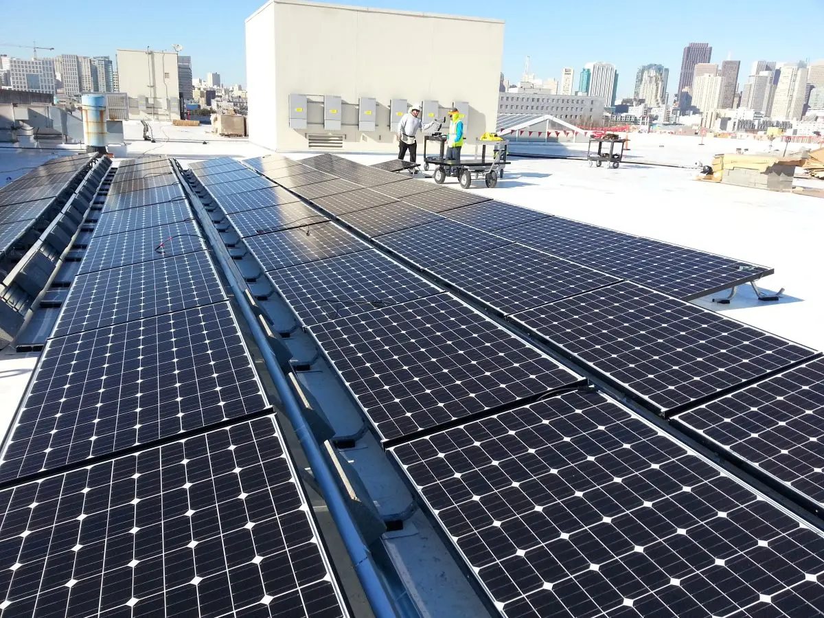 Newly installed solar panels on a commercial building