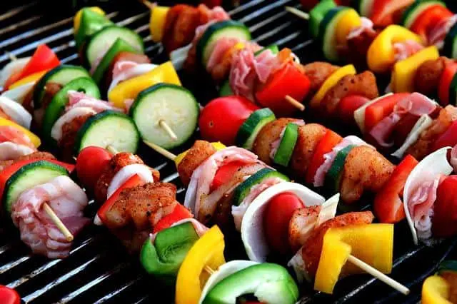 shish-kebab meat and veggies shish-kebab on grill