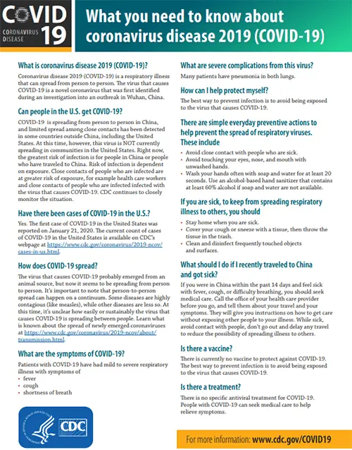CDC Information regarding Coronavirus 2019